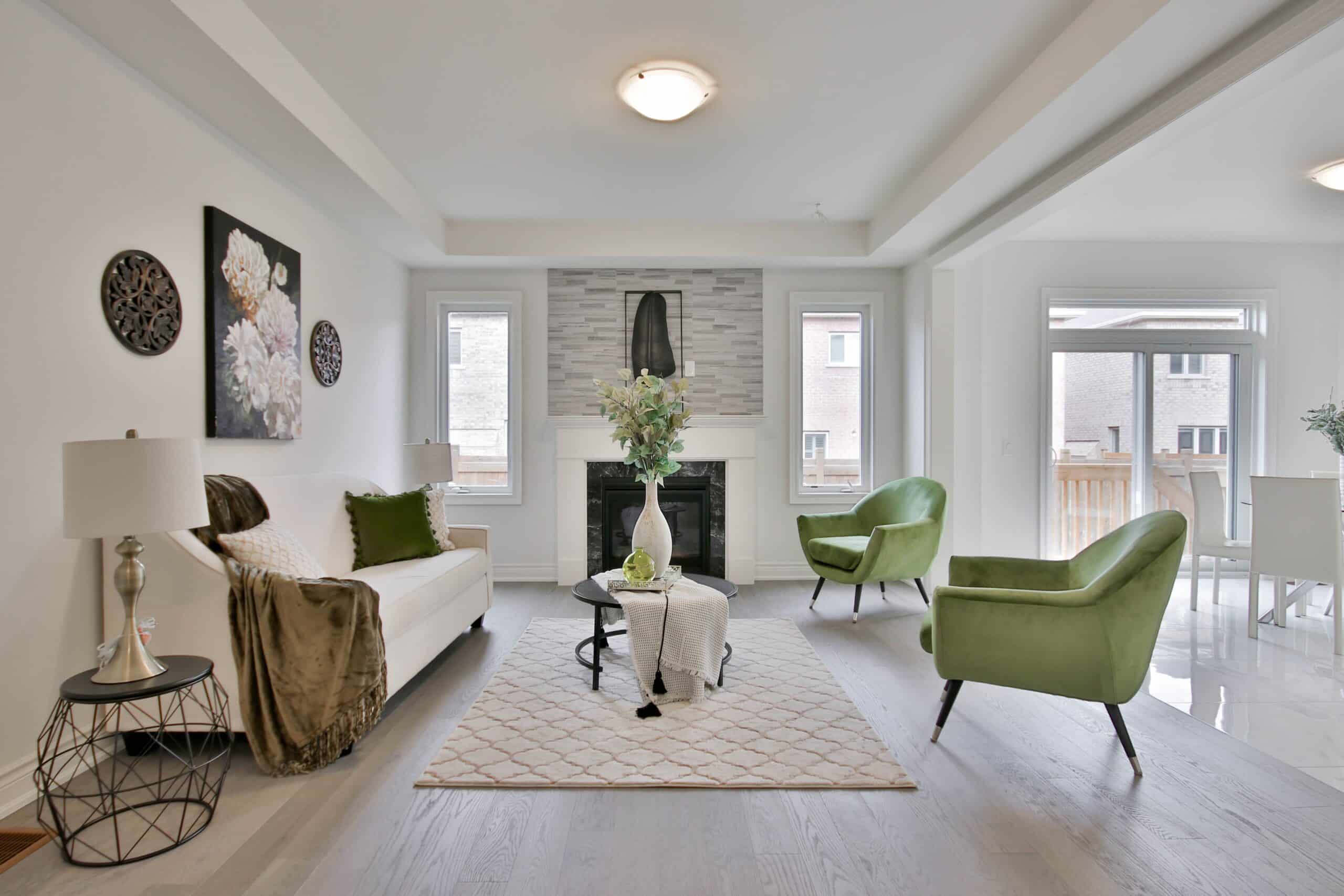 Beautiful modern living room with sustainable hardwood flooring.