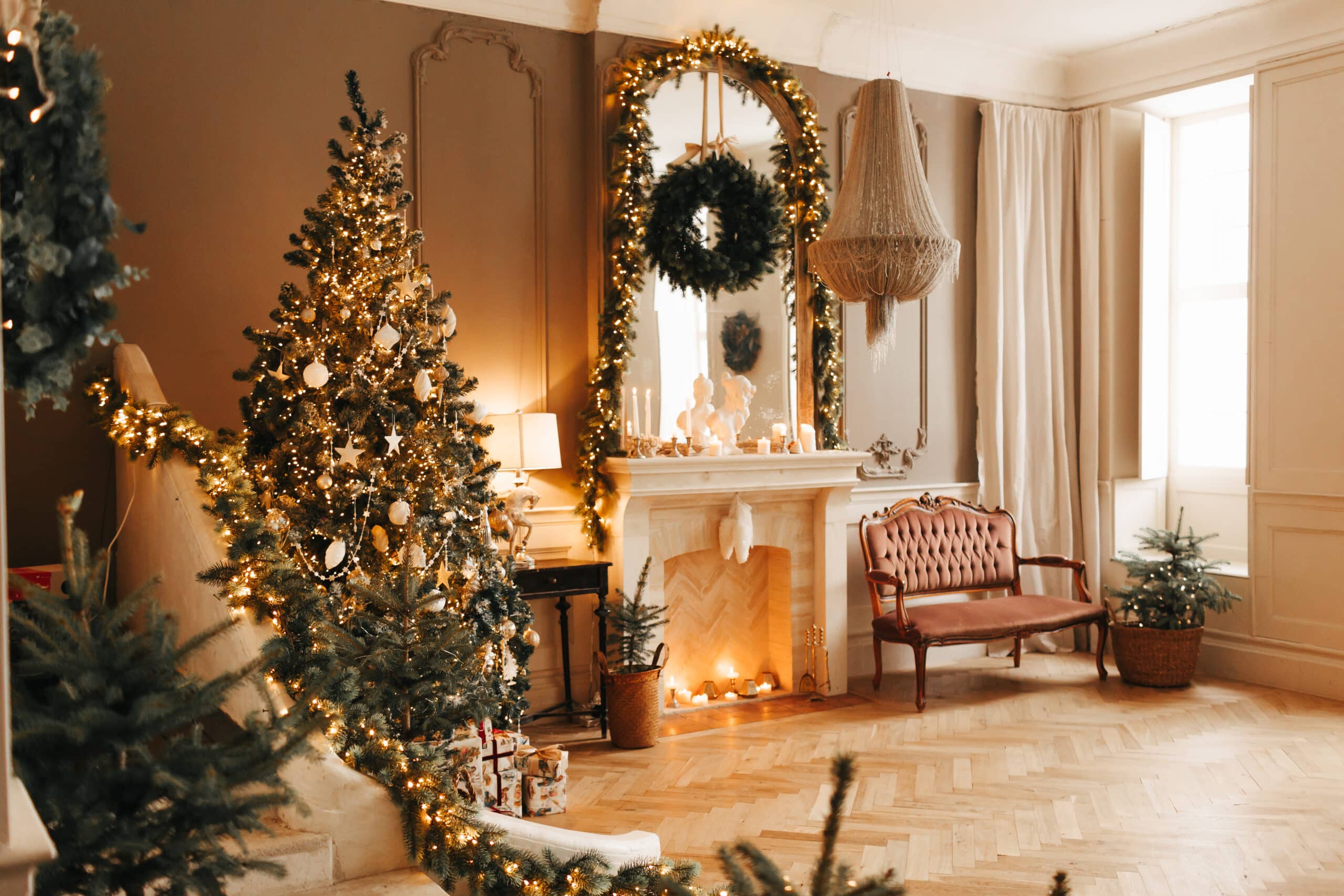 Beautiful living room decorated for the holidays