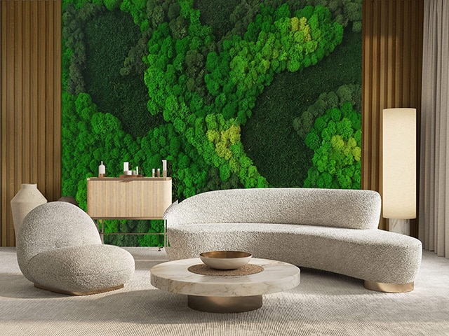 2 seats with moss walls and cladding with the wall